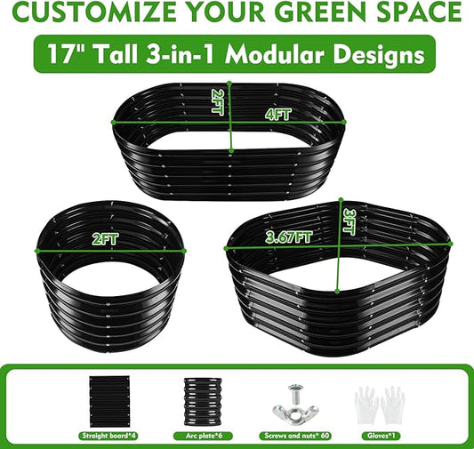 17" Tall Outdoor Garden Raised Garden Bed Kits, 4ft X 2ft Oval,0.8MM Thick Metal Raised Planter Bed/Ground Planter Box for Variety of Flowers,Herbs,Vegetables (Black, 48X24X16.5 Inches)