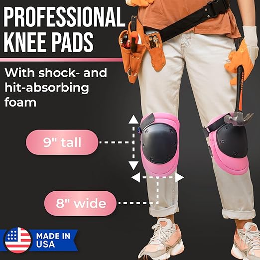 Foam Knee Pads for Women with HDPE Anti-Slip Cap, Pink and Black, 1 Pair - Adjustable Multi-Sized Fastening, Made in USA - Guards for Gardening, Flooring, or Construction