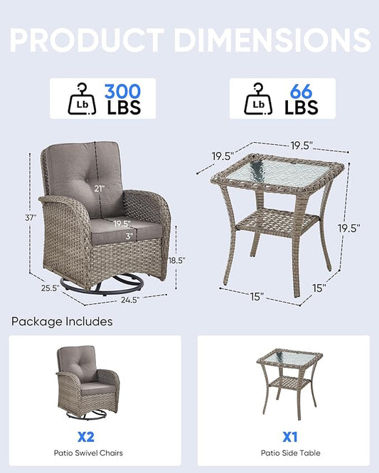 3 Pieces Patio Bistro Set Outdoor Swivel Rocker Patio Chairs with Side Table Patio Furniture for Deck Porch Garden Balcony Poolside