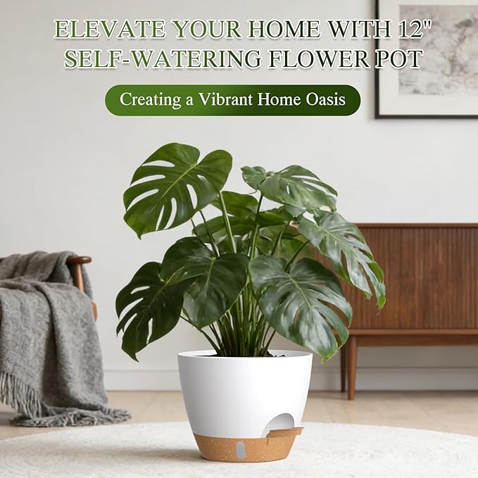 Self Watering Pots with Drainage Holes, 3 Pack 12/10/8 Inch Plant Pots with Water Level Indicator Deep Reservoir, Large Plastic Planter for Indoor Outdoor Plants - White Brown