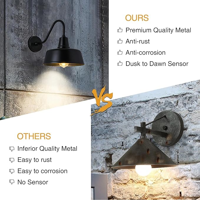 Barn Lights Outdoor Gooseneck Lighting, Dusk to Dawn Black Exterior Barn Lights for House, Farmhouse Wall Lighting Fixtures with Sensor for Porch Garage (2, 11" Diameter)