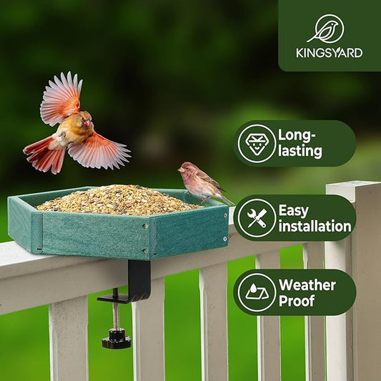 Kingsyard Clamp-On Deck Bird Feeder 11in Hexagon, Adjustable Balcony Railing Clamp 2.2in No-Drill, Recycled Plastic Seed Tray Metal Mesh Drainage Easy-Clean 3 lb,Green
