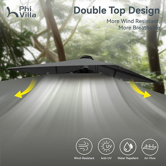 PHI VILLA Cantilever Patio Umbrella with Base, 9' X 12' Outdoor Large Rectangluar Umbrellas with 360°Rotation, Heavy Duty Hydraulic Double Umbrella Windproof for Outside, Deck, Garden, Porch, Grey