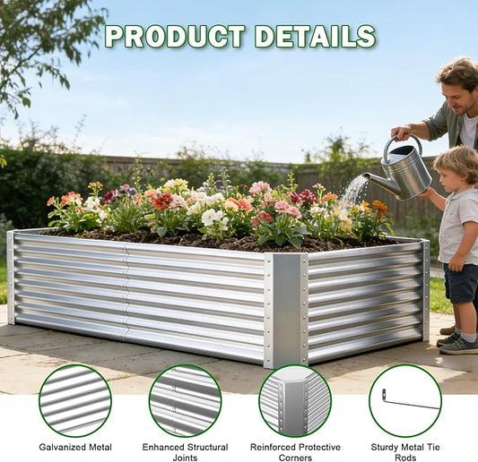 Tall Galvanized Raised Garden Bed Kit Outdoor Patio,6x3x2ft Large Rectangular Metal Planter Boxes,Deep Root Box Planter for Gardening, Vegetables, Flowers, Herbs, 1 Pack, Silver