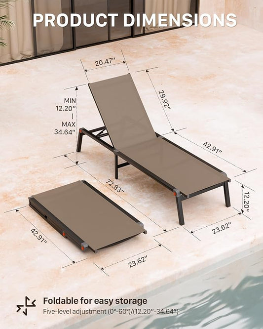 Aluminum Chaise Foldable Patio Lounge Chair Outdoor, Metal Deck Lounger Adjustable 5-Position Recliner Pool Chase Breathable Full Flat Outside Sun Tanning Chairs for Beach/Poolside/Lawn(Khaki, 1 Pack)