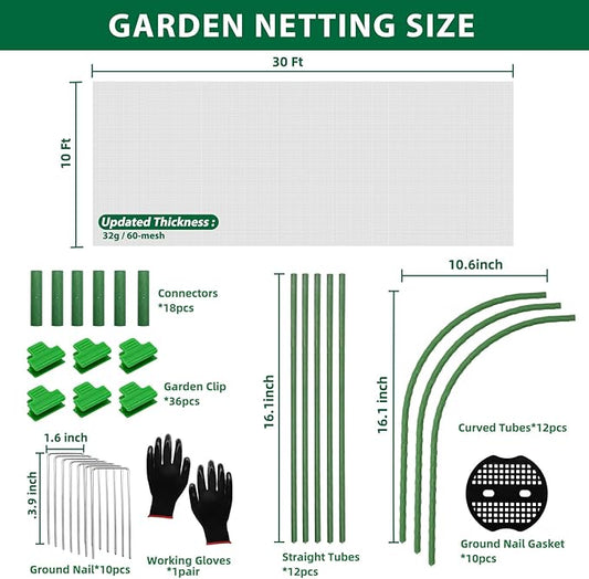 Garden Netting Kit, 10x30 Ft Pest Barrier Bird Ultra Fine Mesh Netting with 6Sets Garden Hoops & 36 Clips for Raised Beds, Garden Plants Net Protection for Vegetable Fruit Flowers Greenhouse Row Cover