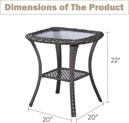 Outdoor Side Tables for Patio, Wicker/Rattan End Tables, Outdoor Wicker Side Table, Grey Rattan Glass Top Patio Side Table