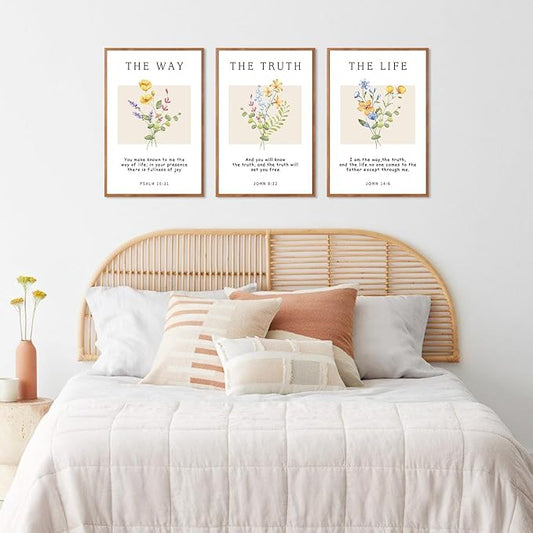 CHDITB Christian Bible Verse Framed Wall Art Set, Floral Scripture Canvas Prints, The Way The Truth The Life Religious Painting, Faith Inspirational Decor for Living Room, Bedroom, Church 16"x24"X3