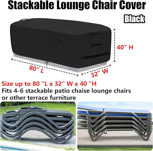 Outdoor Lounge Chair Covers for 4-6 Stackable Patio Chaise Lounge Chairs, Waterproof, Durable Polyester Fabric 80 x 32 x 40 Inch Pool lounge chair covers for Winter Storage (Black)