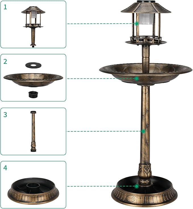 Outvita Outdoor Bird Bath, Garden Bird Baths Decorations with Solar-Powered Lamp and Resin Pedestal Flower Planter Base Bird Feeder for Yard Patio