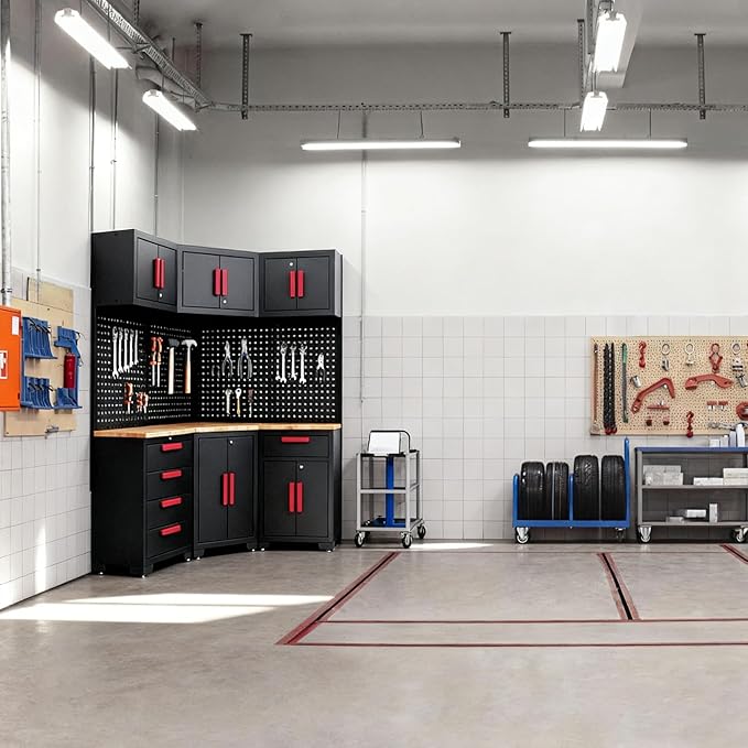 Red Garage Cabinet Storage System 10-Pcs Corner Workshop Set Garage Cabinet and Storage System for Tool Organization
