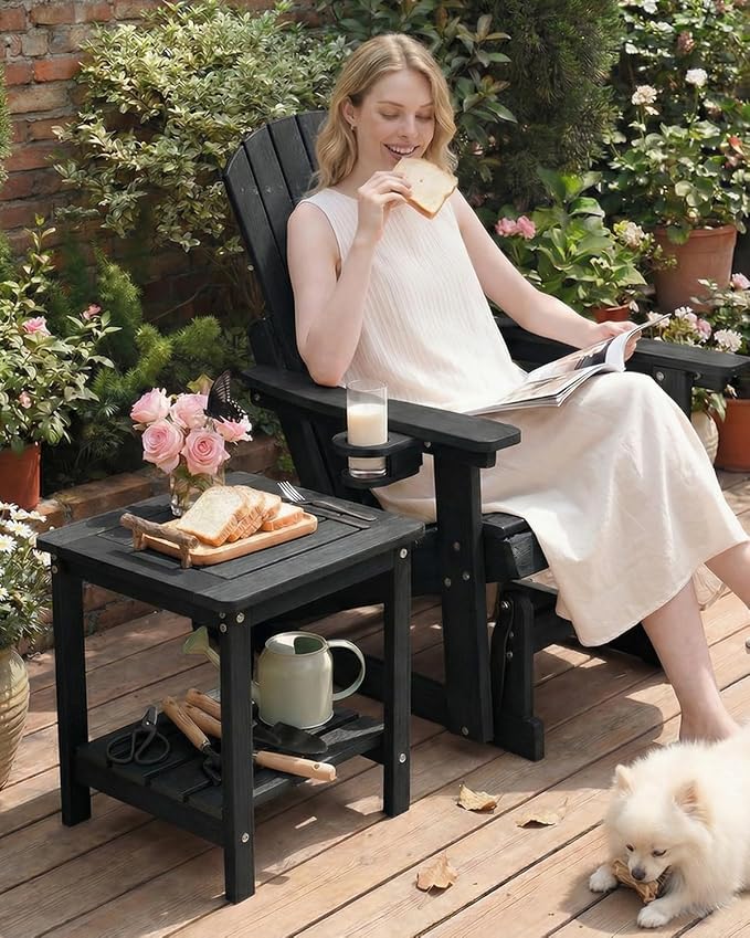 Kibaso-Adirondack Outdoor Side Table, 2-Tier HDPE Outdoor End Table, Weather Resistant Easy Maintenance, Small Patio Side Table for Patio, Pool, Porch, Garden, Lawn, and Living Room (2, Black)