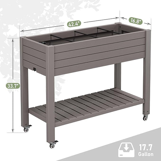 Raised Garden Bed with Wheels, Divisible Resin Planter Box with Drainage Gauge & Storage Shelf, Herb Planter for Garden Patio Backyard, Gray