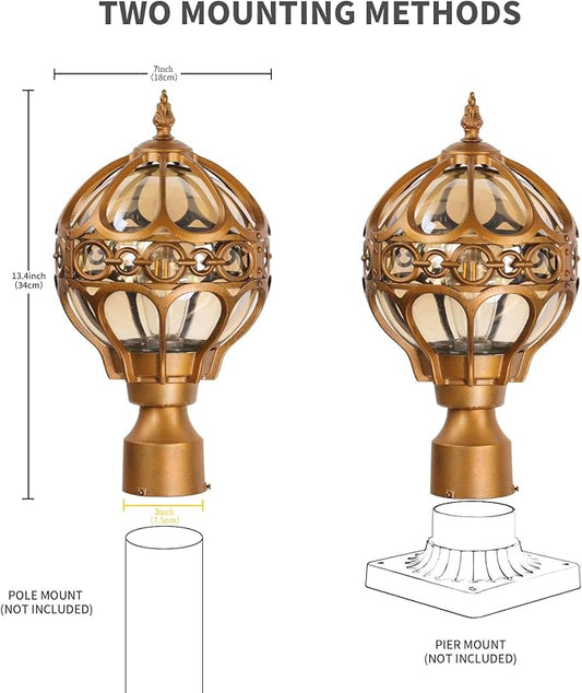 Globe Outdoor Post Light for Lawn Porch Garden Pathway Patio, Brass Waterproof Pier Mount Lamp Post Light Fixtures, Aluminum Post Lantern, Sphere Post Pole Light(2 Pack)