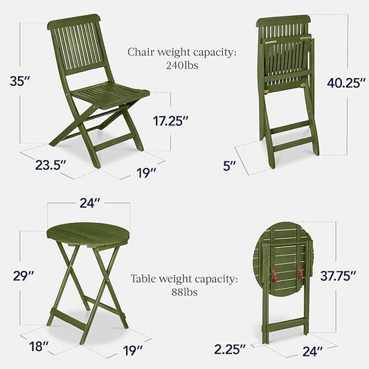 Best Choice Products 3-Piece Acacia Wood Bistro Set, Folding Patio Furniture for Backyard, Balcony, Deck w/ 2 Chairs, Round Coffee Table, Teak Finish - Olive