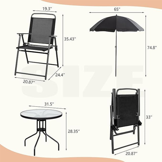 Vongrasig 6 Pieces Folding Patio Dining Set, All Weather Small Metal Outdoor Table and Chairs Set, Patio Furniture Set w/Umbrella, Glass Table & 4 Folding Chairs for Garden, Lawn, Backyard, Black