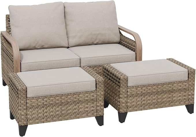 COOS BAY Modern Wicker Outdoor Furniture Set, Patio Conversation Set with 2 Seat Loveseat, and Ottomans, 3 Piece, Brown/Gray