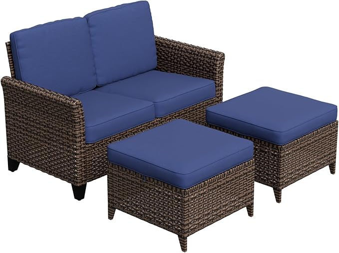 Canyon Ridge Wicker Patio Sofa with 2 Ottomans, Small Balcony Furniture, Outdoor Furniture Set, 2 Seat Loveseat, Brown/Blue