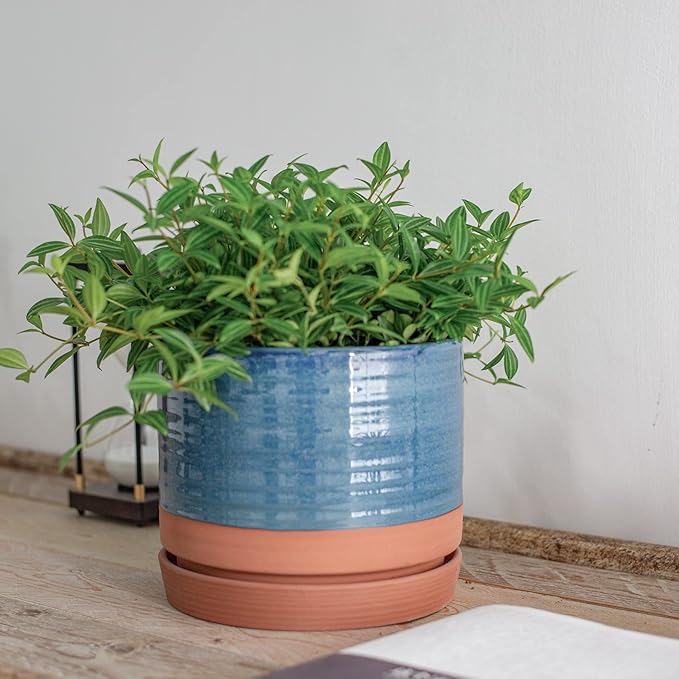 HERDUK 8 Inch Pots for Plants, Ceramic Planter Pot with Drainage Hole & Saucer, Indoor/Outdoor Cylinder Round Planter Pot, Blue & Terracotta