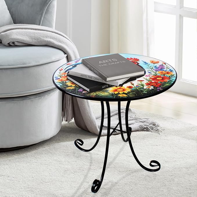 Outdoor Side Table, 18" Rooster Round Accent Table, Metal Indoor Small End Tables, Plant Stand Tables for Patio Yard Balcony Garden Bedside
