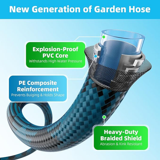 Garden Hose, Non-Expandable Water Hose 25 ft, Flexible, Kink & Leak Proof Water Pipe with 10-Function Spray Nozzle, Lightweight Outdoor Hose for Yard, Lawn, Car Wash, RV and Home Use