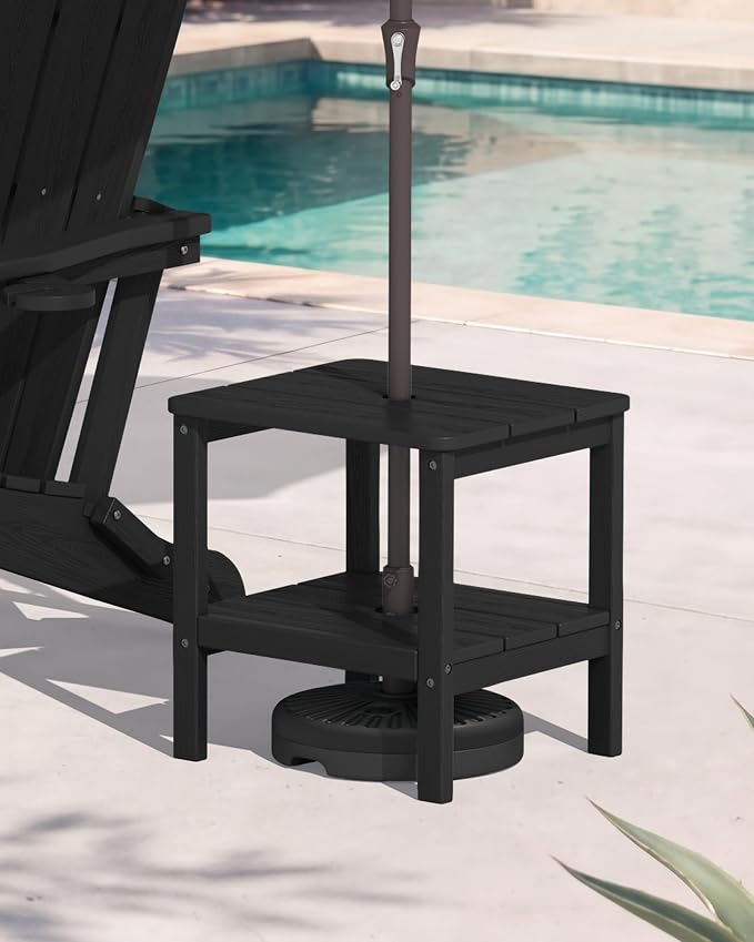 SERWALL 2-Tier HDPE Outdoor Side Table with Umbrella Hole, Weatherproof Rectangular Adirondack Side Table, Black