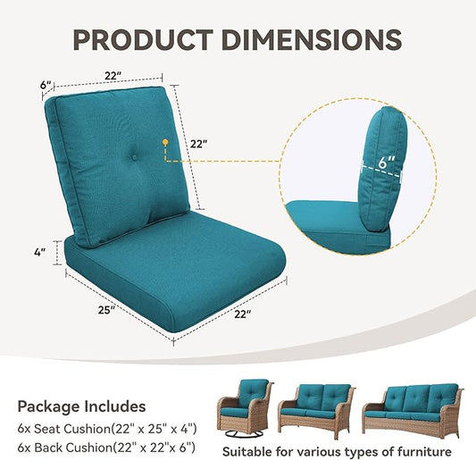Patio Cushions for Outdoor Furniture - 22" x 25" x 4" UV Resistant Thick Foam Cushions Water Resistant Replacement Cushion for Outdoor Patio Furniture Chair/Sofa/Couch | Peacock Green | 6-Pack |