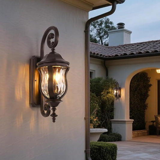 Outdoor Wall Sconces, Brown Outdoor Porch Lights, 22.8" H Large Exterior Wall Lanterns, Waterproof Exterior Lighting Fixtures with Water Glass for Patio Garage Doorway