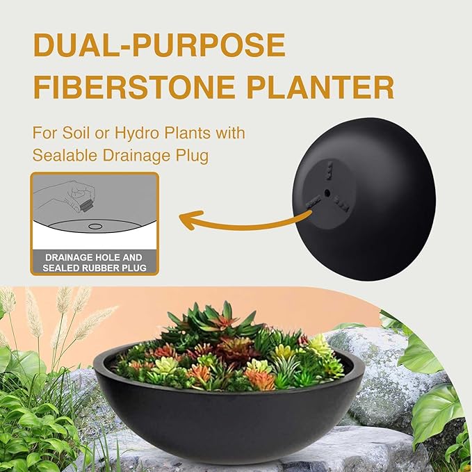 6.9"H x 19.7"D Round Bowl Fiberstone Planter for Succulent and Lotus with Drainage Hole, Smooth Finishes, Weather Resistant for Indoor, Included 2 Extra Coco Mats (Black, 17.9" Pot Opening)