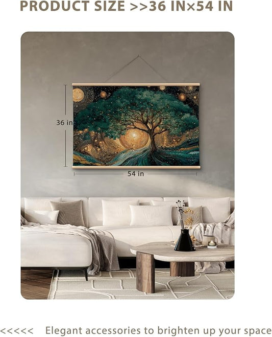 VIYYIEA Extra Large Canvas Wall Art, Tree of Life Abstract Wall Hanging with Wooden Scroll Frame, Spiritual Nature Decor for Living Room Bedroom Meditation Space, 36x54 Inch