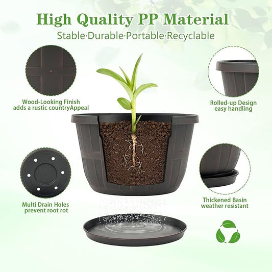 Quarut 10 inch Plastic Flower Pots for Outdoor Plants,4 Pack Large Outdoor Planter Pot with Drainage Holes & Saucers,Imitation Wine Barrel Design,for Indoor Outdoor Garden Plants(Brown)