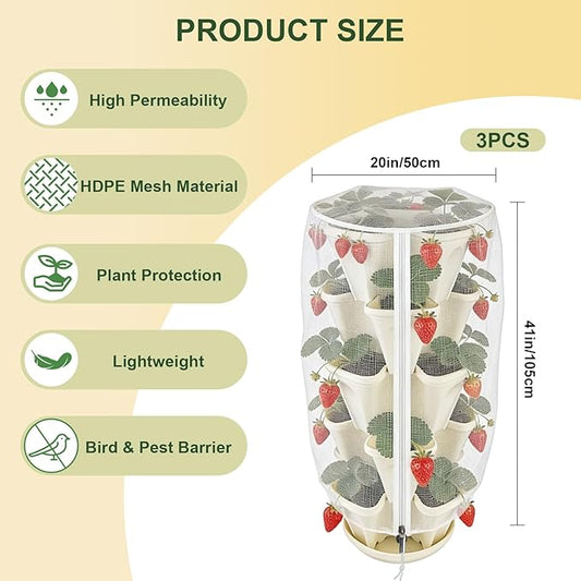 3Pack 41" x 20" Vertical Strawberry Pot Netting, Plant Pot Insect Netting with Zipper & Drawstring, Stackable Bird Barrier Planter Pot Garden Net Round Cover for Strawberry Fruit Vegetable from Animal
