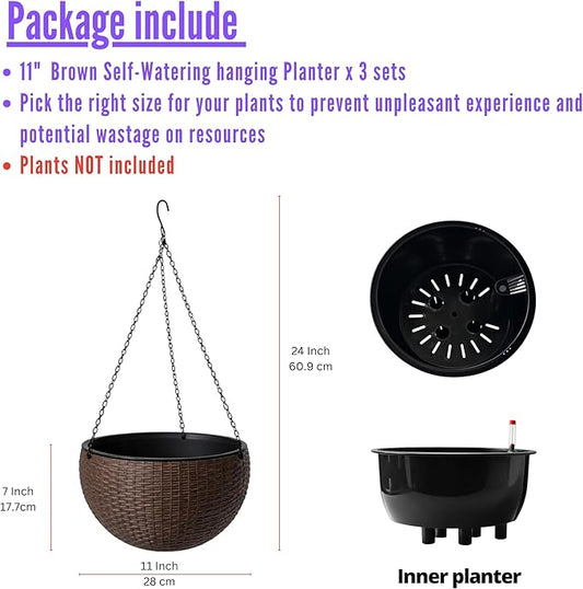 LaLaGreen Hanging Planters for Indoor Plants (11 Inch, 3 Pack) Brown Rattan Style Self-Watering Flower Pots with Water Level Indicator, Plastic Baskets with Metal Chain for Balcony, Porch Garden Decor