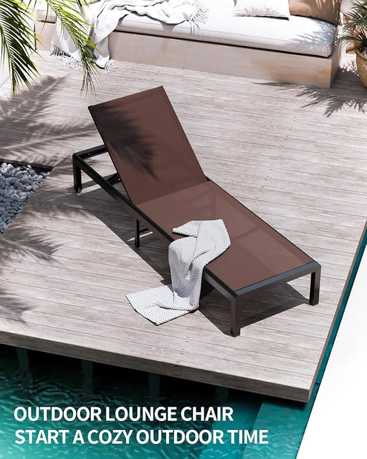 Aluminum Lounge Chairs Outdoor Chaise Furniture,2 Sets Patio Metal Deck Lounger Adjustable 5-Position Poolside Chase Recliner with Wheels for Beach,Coffee Table, (Brown, 2 Chair)