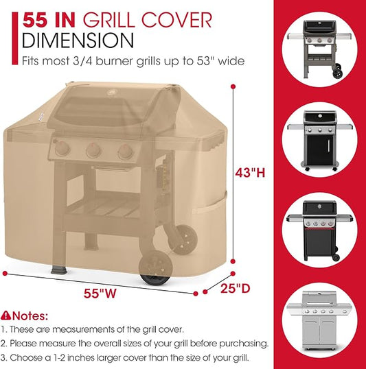 Unicook Grill Cover for Outdoor Grill 55 Inch, Heavy Duty Waterproof BBQ Cover for Outside, Compatible with Weber Char-Broil Nexgrill 3-4 Burner Gas Grills, All Weather Protection, Light Brown