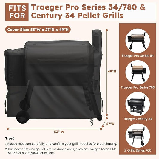 MR. COVER Grill Cover for Traeger Pro 34 & 780 Series, Waterproof Wood Pellet Smoker Cover for Traeger 34 / Pro 780, Texas, Z Grills, Heavy Duty Premium Pellet BBQ Cover for Outdoor with Straps, Black