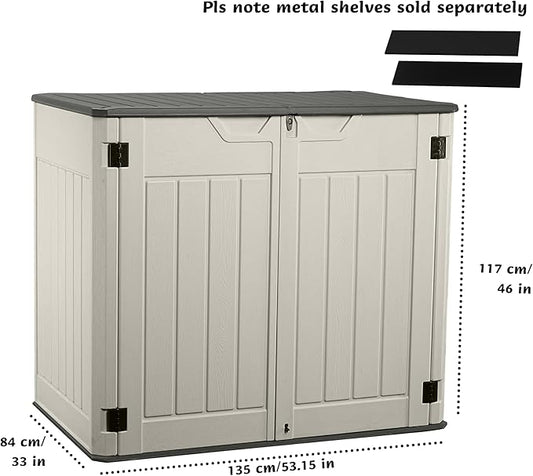 EHHLY Horizontal Resin Storage Shed, 47 Cuft Garden Tool Sheds & Outdoor Storage, Outdoor Plastic Storage Cabinet Waterproof, 4.5 x 2.8 ft Backyard Outside Lawn Mower Storage Shed, Vanilla
