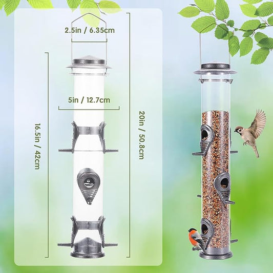 MIXXIDEA 1PK Metal Wild Bird Feeder,Squirrel Proof Bird Feeders for Outside,Hanging 6 Port Tube Bird Feeder Transparent Finch Bird Feeder for Attracting Birds in Your Lawn, Garden, Balcony-Gray