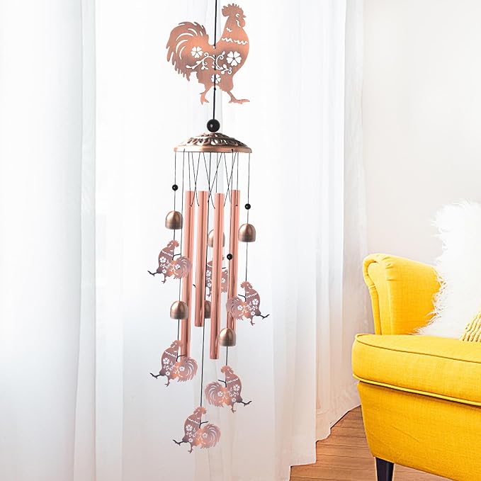 Outside Brass Rooster Wind Chimes – Handcrafted with Deep Melodic Tone, Christmas/Birthday Decor for Garden & Patio Lovers, Unique Housewarming Present for Outdoor Spaces