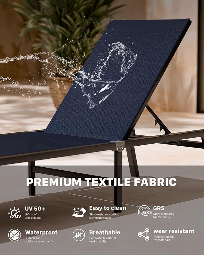 Aluminum Chaise Foldable Patio Lounge Chair Outdoor, Deck Lounger Adjustable 5-Position Recliner Pool Chase Breathable Full Flat Outside Sun Tanning Chairs for Beach/Poolside/Lawn(Navy Blue, 2 Pack)