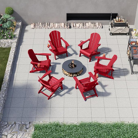 Folding Adirondack Chairs with Cup Holders, Set of 6 HDPE Plastic Outdoor Chairs, Weather Resistant, Real Wood Look, Heavy-Duty Patio Furniture for Deck, Fire Pit, Backyard, Red
