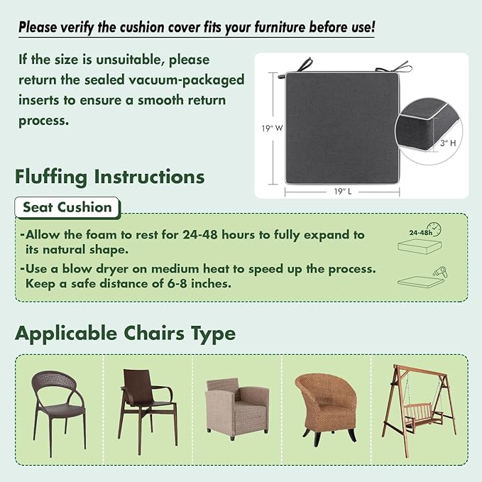 MIULEE Grey Outdoor Chair Cushions Set of 2, 19x19x3 Inch Waterproof Patio Seat Cushions for Outdoor Furniture Couch Sofa, 3 Year Color Fastness High Density Foam with Adjustable Ties