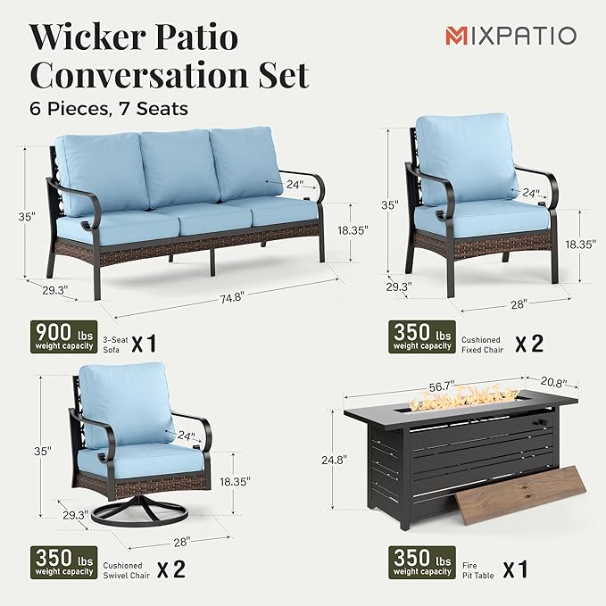 Patio Furniture Set with Firepit Table, Black Frame Outdoor Conversation Set with 2 x Fixed Chairs, 2 x Swivel Chairs, 1 x 3-Seat Sofa for Lawn Garden Backyard, Blue