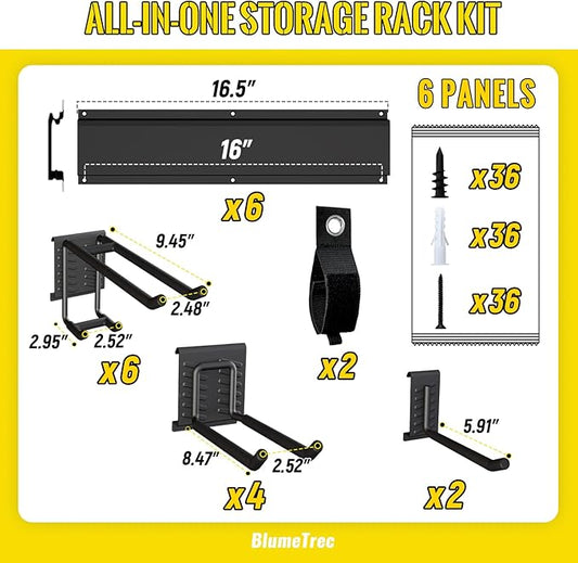 Garage Tool Organizer Wall Mount, 96" Heavy-Duty Metal Wall Organizer, 6 Rails with 12 Adjustable Hooks, Garden Storage Rack for Organization, Sturdy Tool Hanging Holder for Shovel Shed Yard