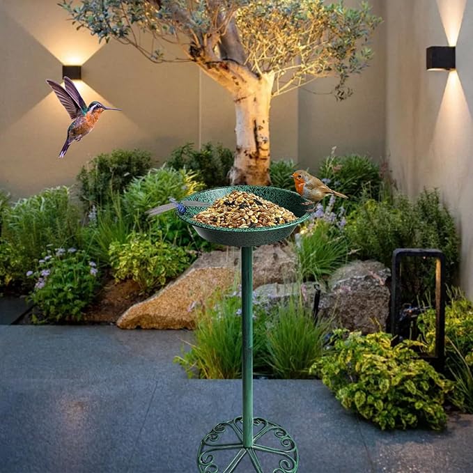 Freestanding Birdbath for Outside, 25.5 inch Height Outdoor Garden Bird Bath, Metal Bird Feeder with Magnetic Dragonfly for Garden Yard Patio Lawn Decor, Green