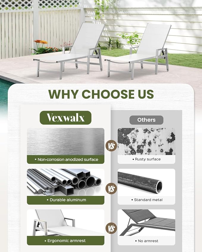 Patio Chaise Lounge Chair Outdoor with Wheels&Armrests, Aluminum Pool Lounge Chairs Five-Position Adjustable Recliner with Side Table, Outdoor Beach Lounge Chairs for Poolside, Deck, Garden, White