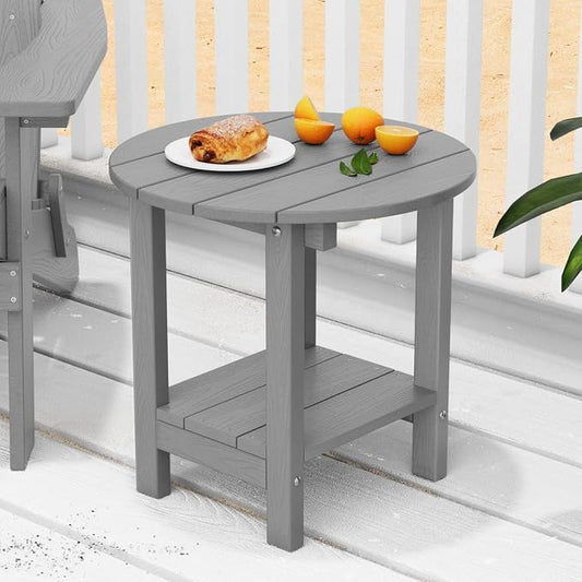 MXIMU Round Outdoor Side Table Adirondack Tables 18 Inch Chairside End Tables with Storage Shelf, 2-Tier Plastic Patio Side Table, Weather Resistant for Balcony Backyard Lawn (Grey, 2 Pack)