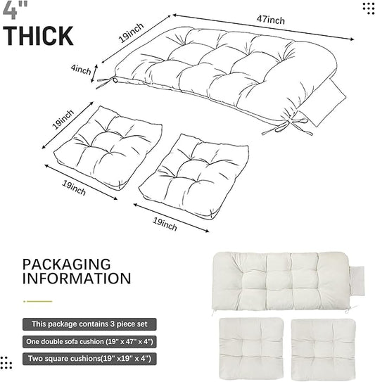 3 Pcs Wicker Chair Cushions Patio Loveseat Chaise Cushion Set - 1200D 47x19*4 Inch Waterproof Wicker Bench Cushions with 2 19x19x4 Inch Chair Cushions for Garden Porch Wicker Patio Furniture(White)