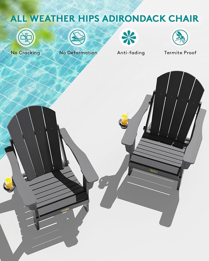SERWALL Folding Adirondack Chair with Cup Holder Set of 4, Weather Resistant HIPS Patio Chairs, Wooden Textured, Fire Pit Chairs for Garden Outdoors Fire Pit - Gray