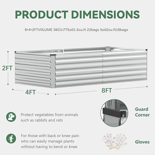 FOOWIN 2pcs 8x4x2ft Galvanized Raised Garden Bed, Planter Raised Garden Boxes Outdoor, Large Metal Raised Beds for Gardening, Garden Bed for Vegetables, Flowers, Herb,478 Gallon Capacity, Silver